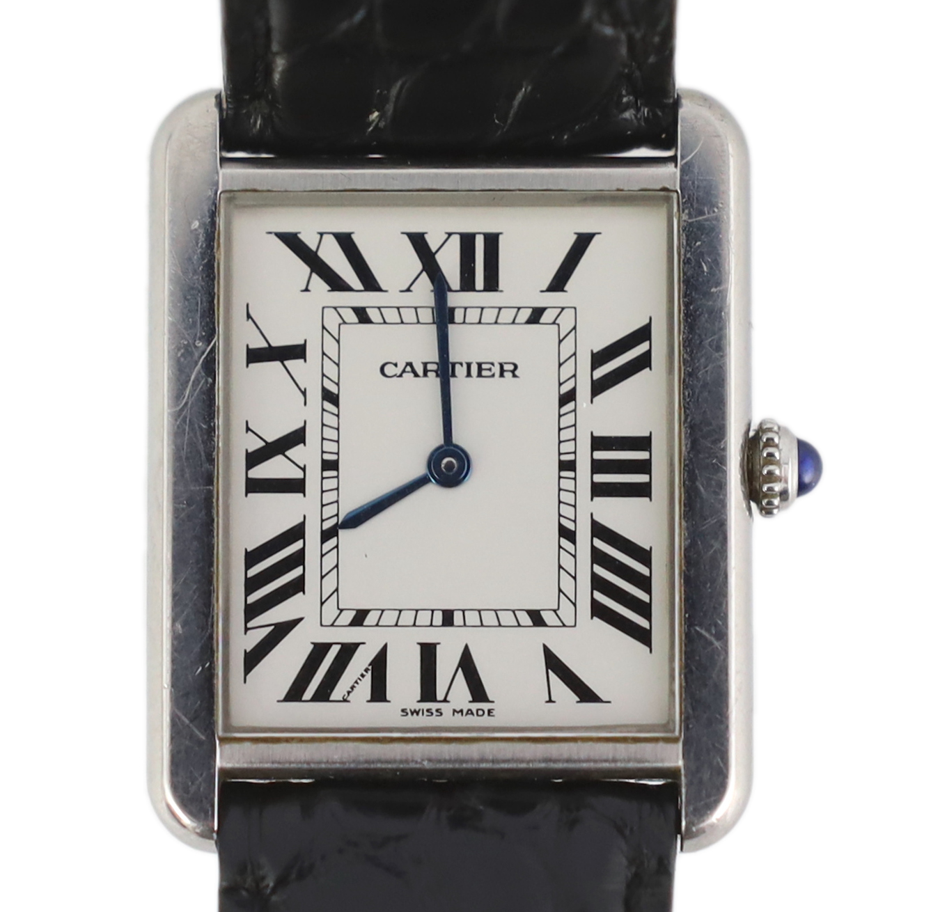 A gentleman's stainless steel Cartier rectangular quartz wrist watch